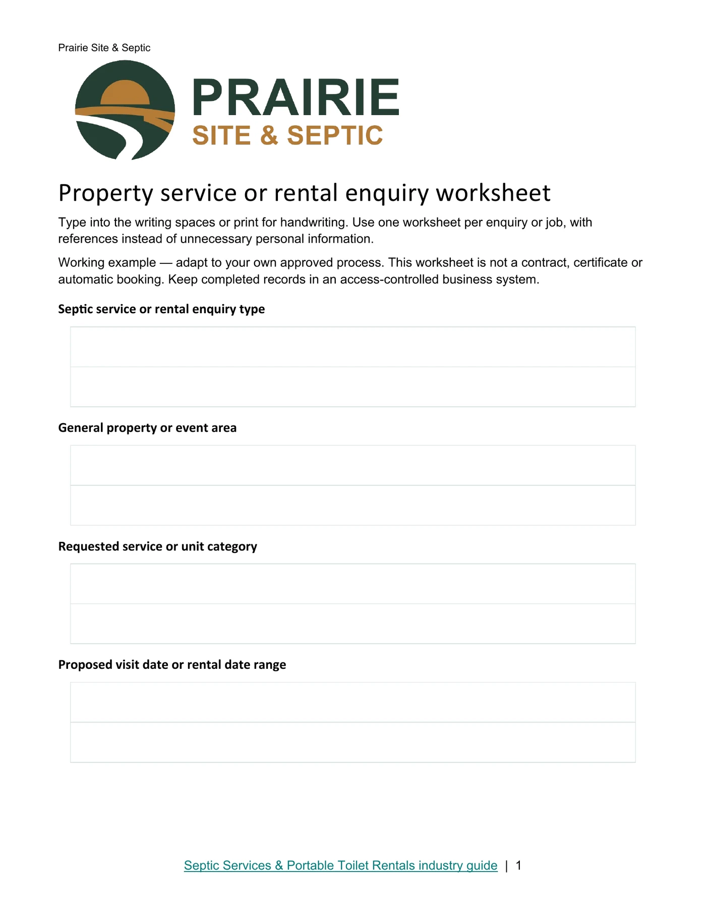 Property service or rental enquiry worksheet · Page 1