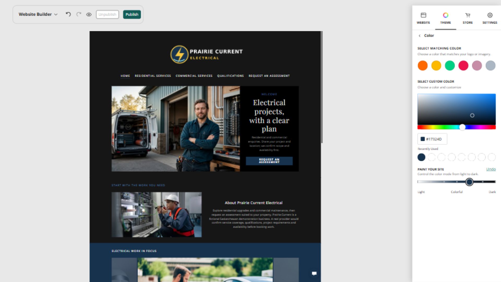Prairie Current Electrical desktop home page at Paint your site position 5: Dark with colour accents