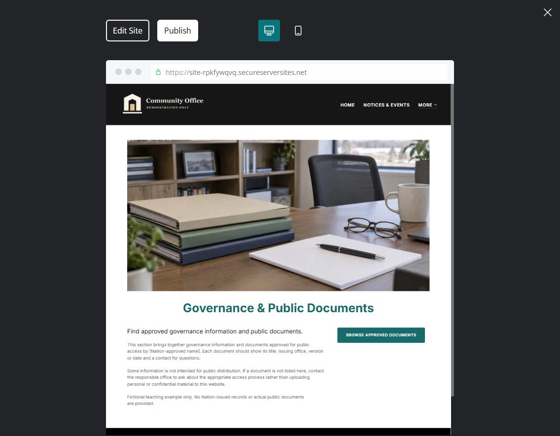 Captured first-screen Governance & Public Documents example