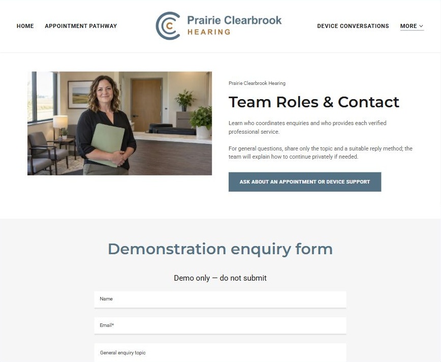 Captured first-screen Team Roles & Contact example