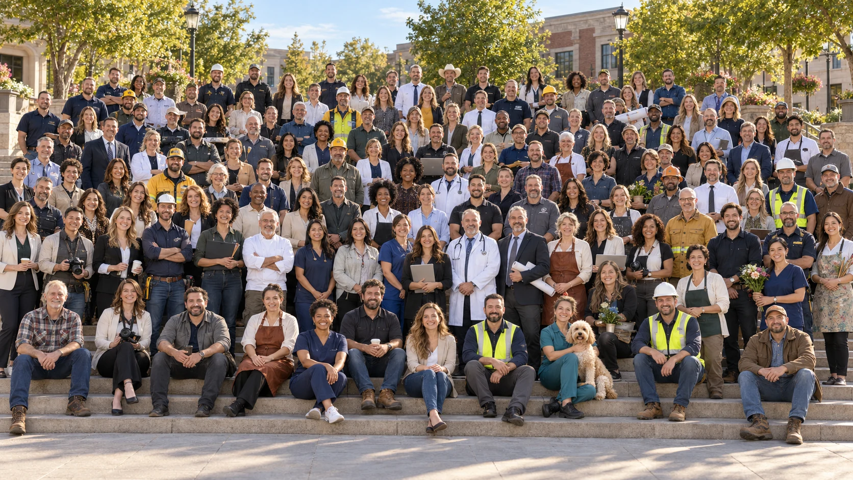 AI-composed group portrait of our fictional industry heroes gathered on town steps, wearing a variety of professional and trade workwear.