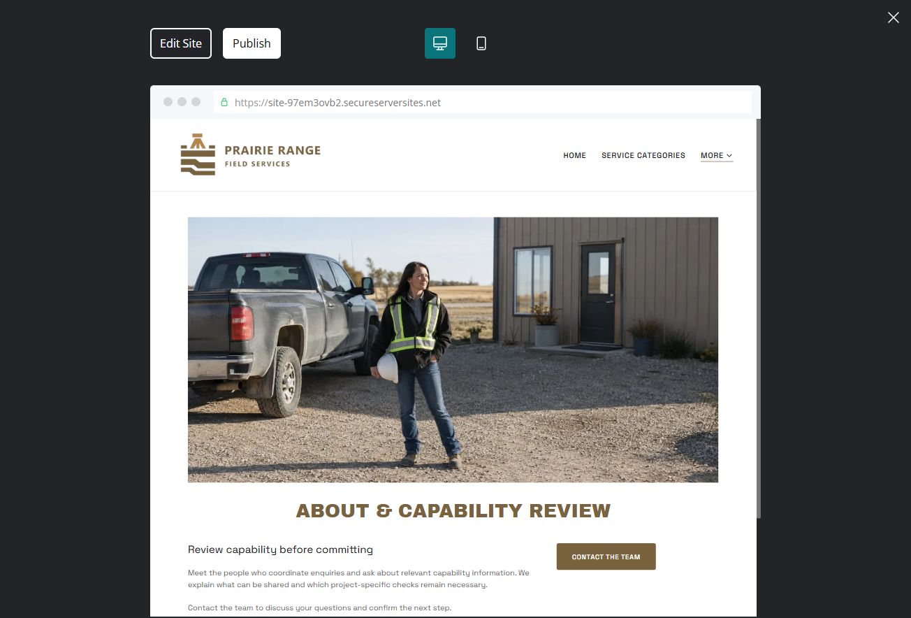 Captured first-screen About & Capability Review example
