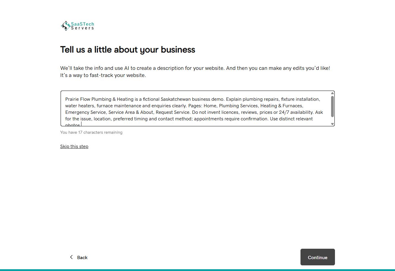 Completed AI site brief for the Prairie Flow plumbing demo