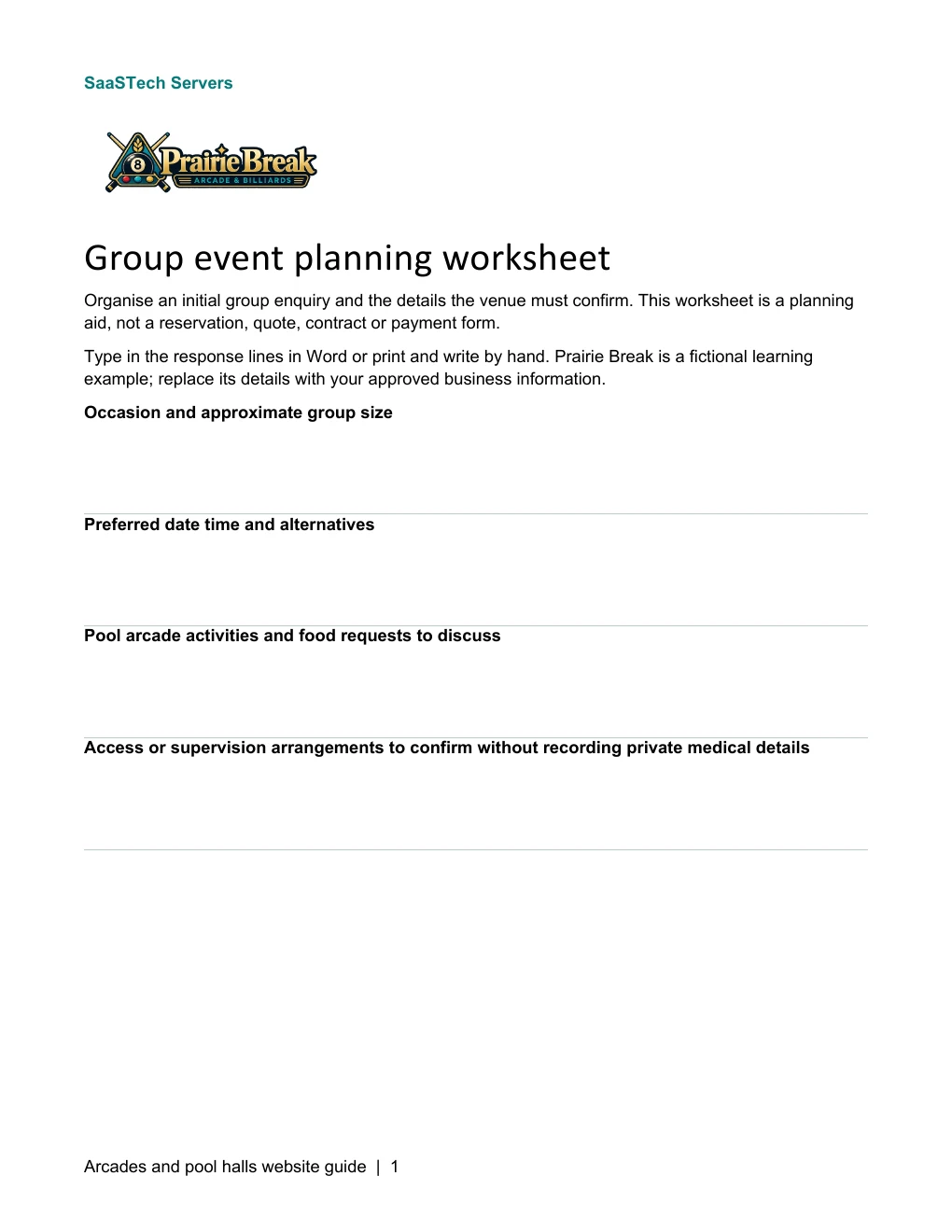 Group event planning worksheet · Page 1