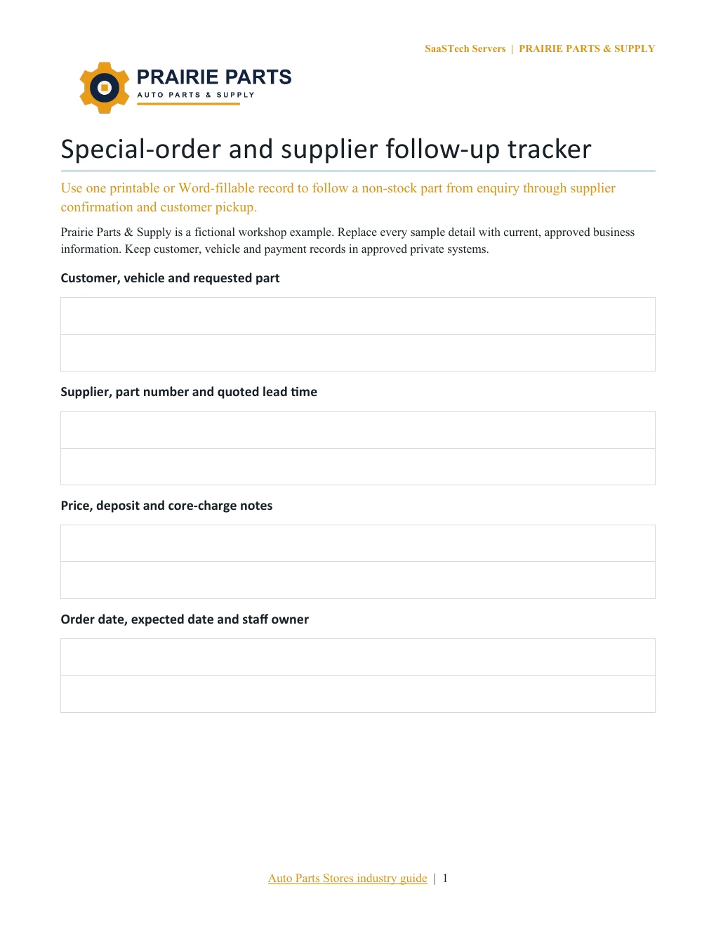 Special-order and supplier follow-up tracker · Page 1