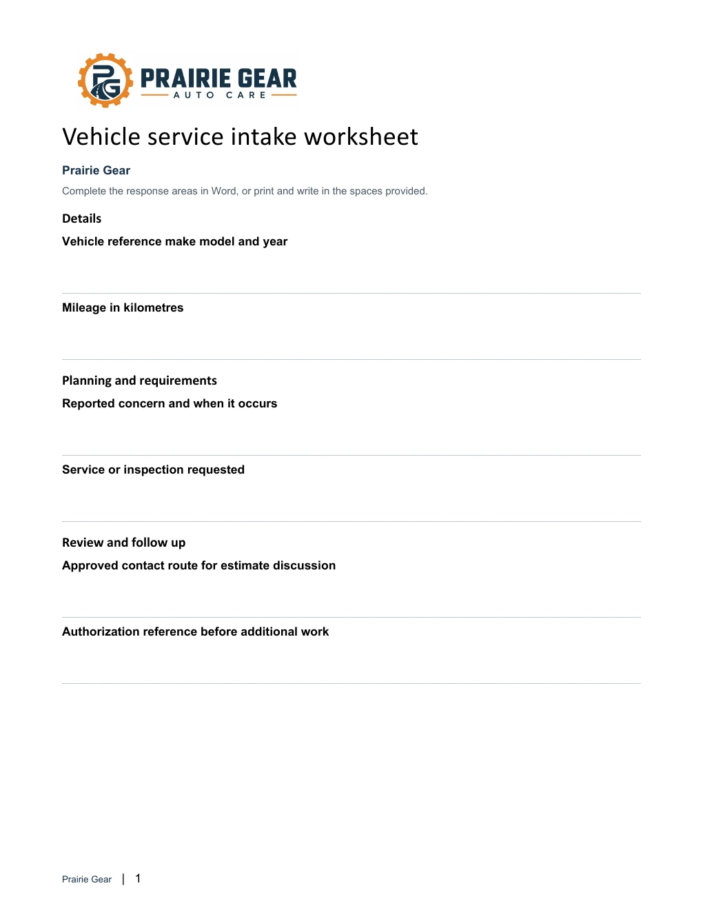 Vehicle-service intake worksheet
