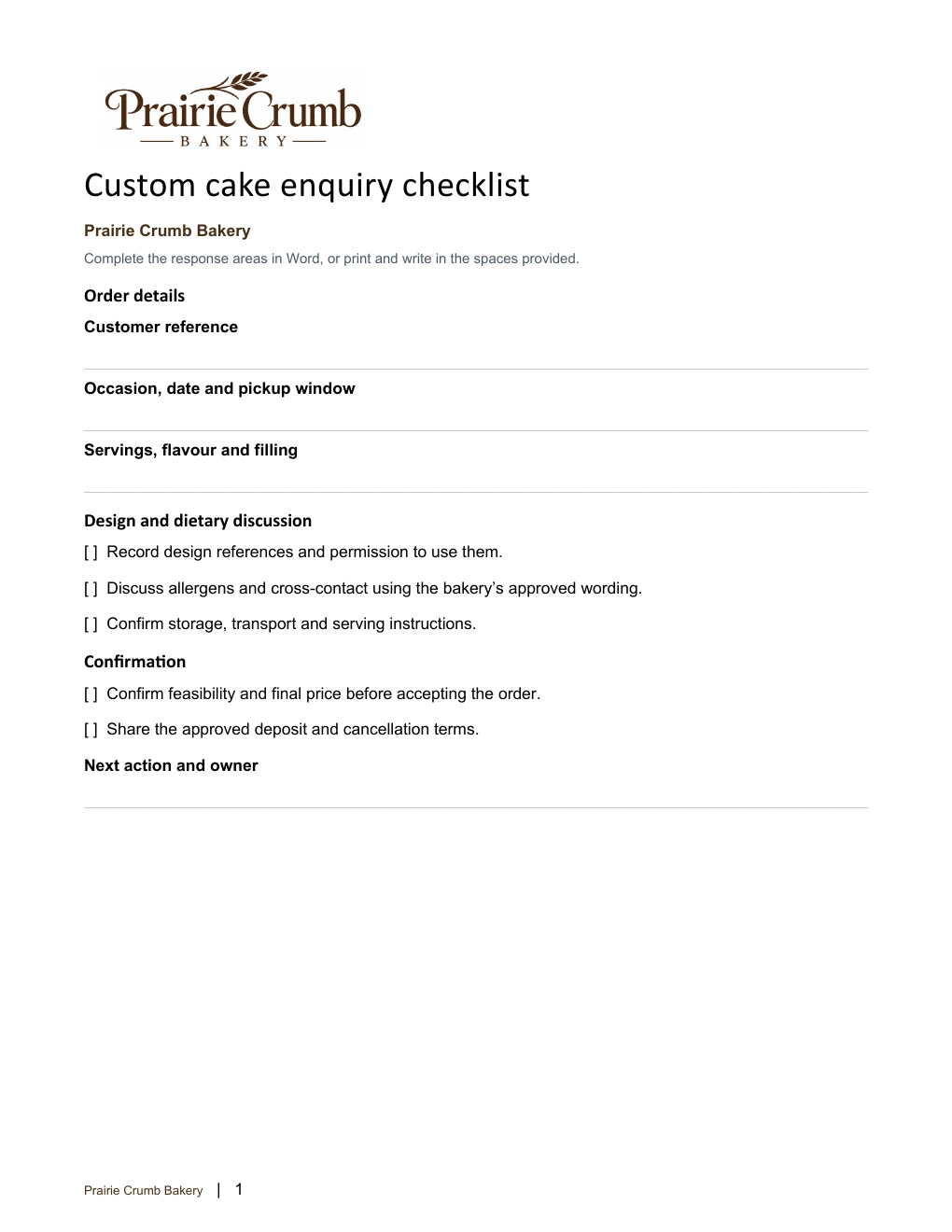 Custom cake enquiry checklist