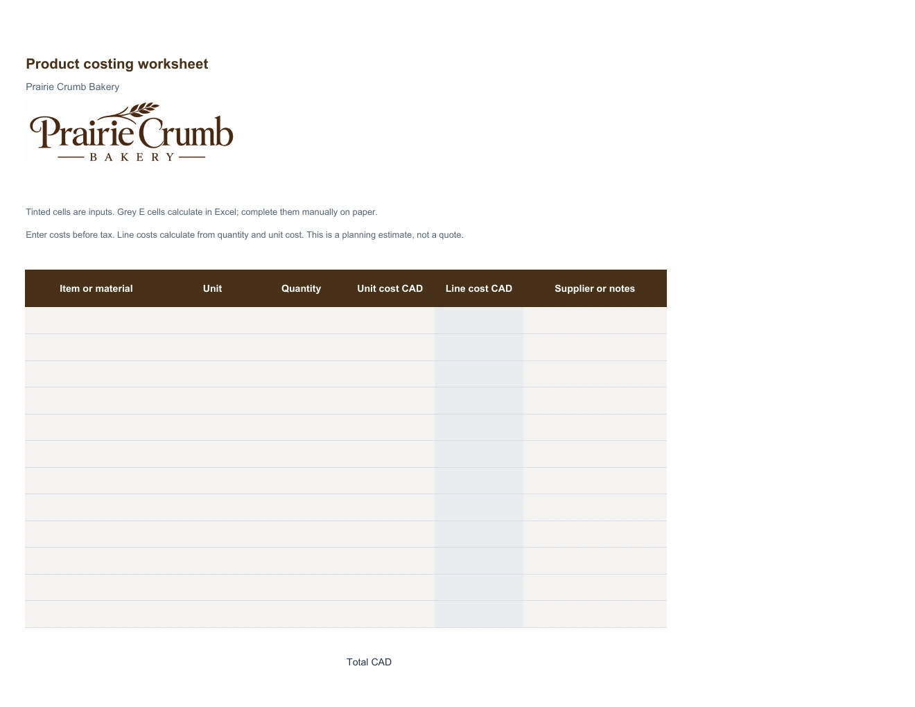 Product costing worksheet