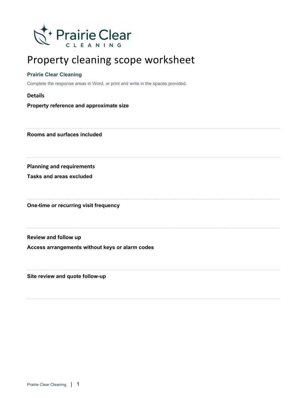 Property cleaning scope worksheet