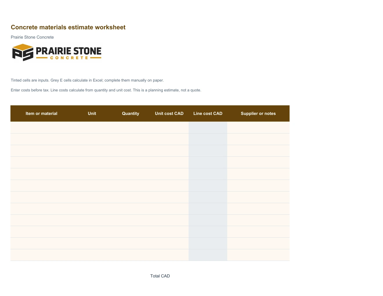 Concrete materials estimate worksheet