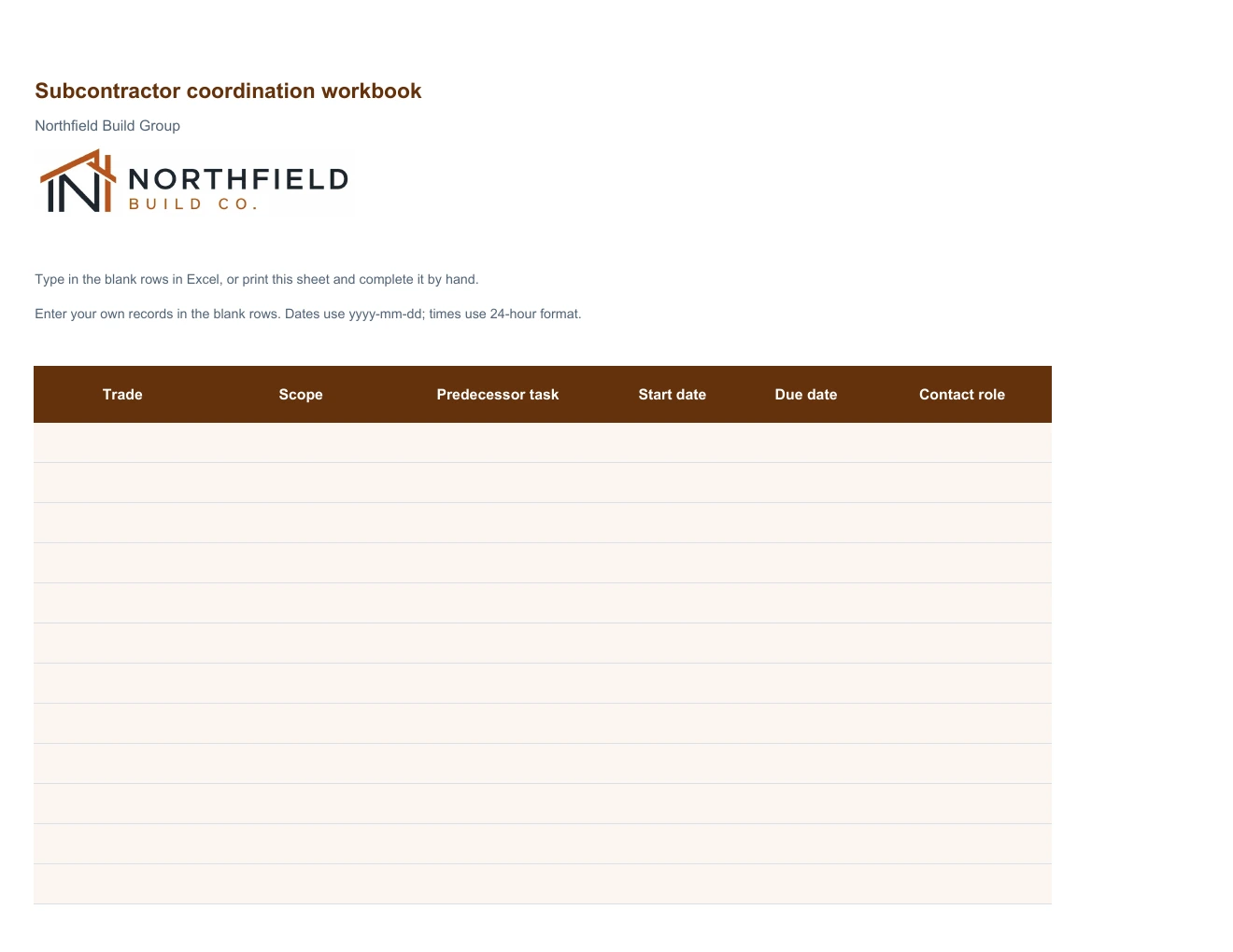 Subcontractor coordination workbook