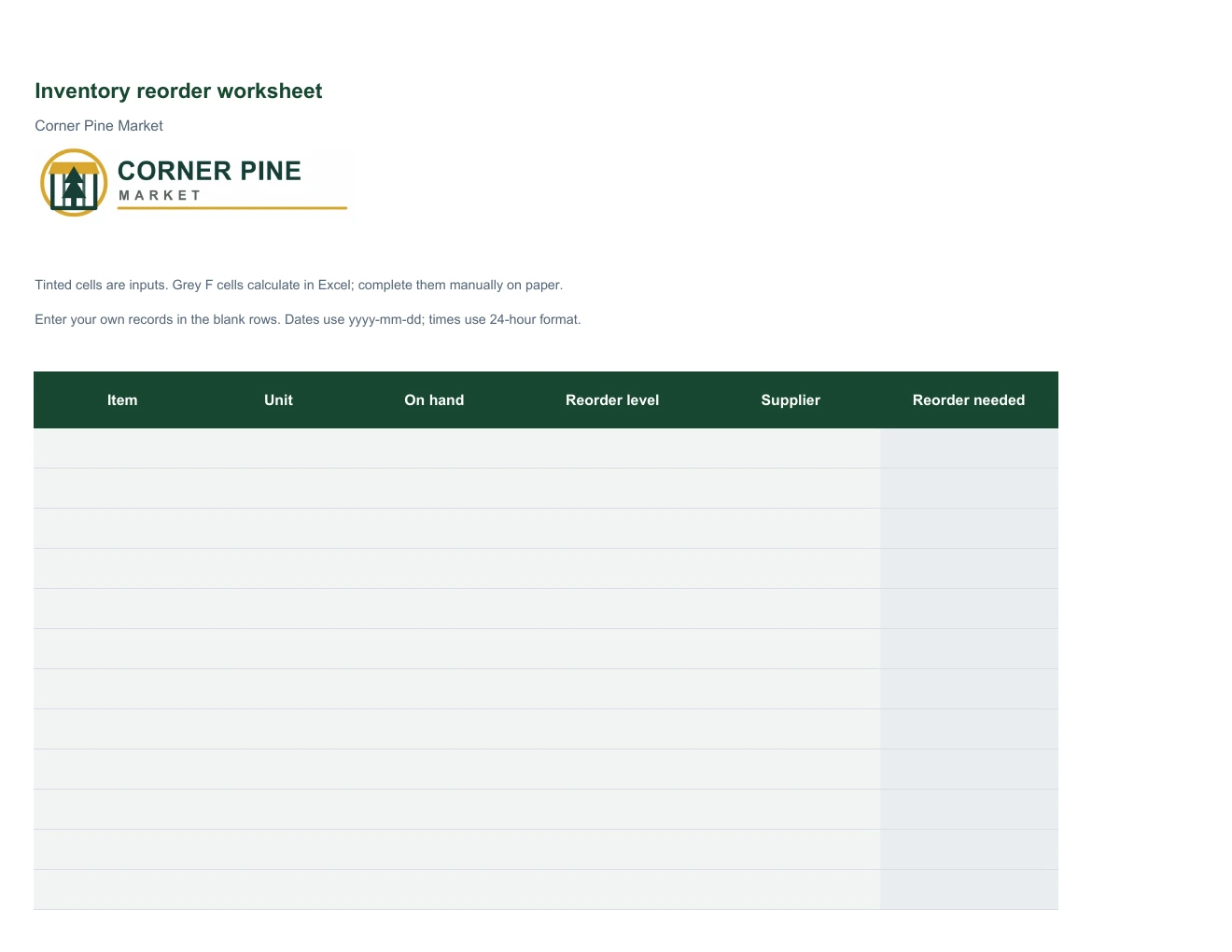 Inventory reorder worksheet