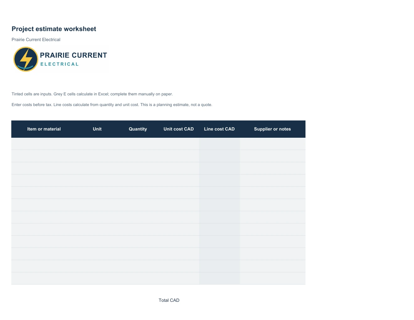 Project estimate worksheet
