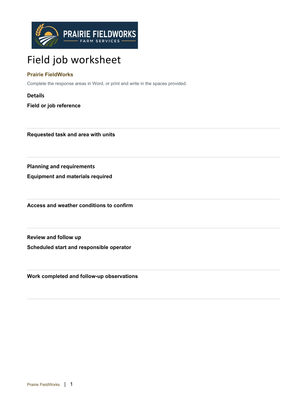 Field job worksheet