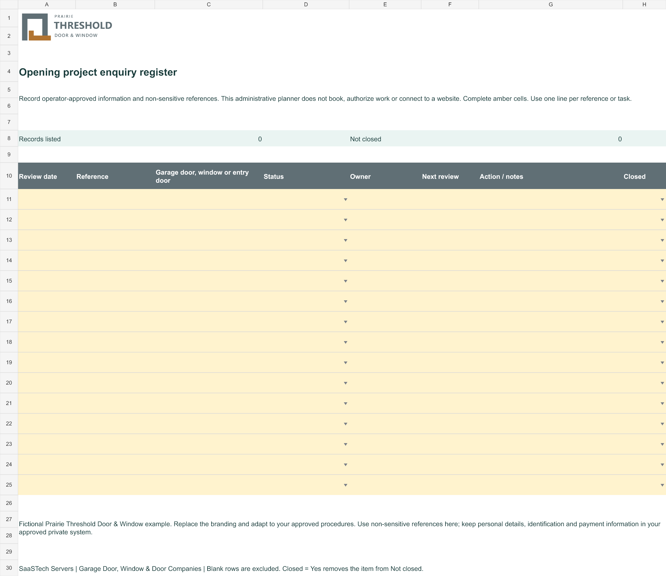 Opening project enquiry register