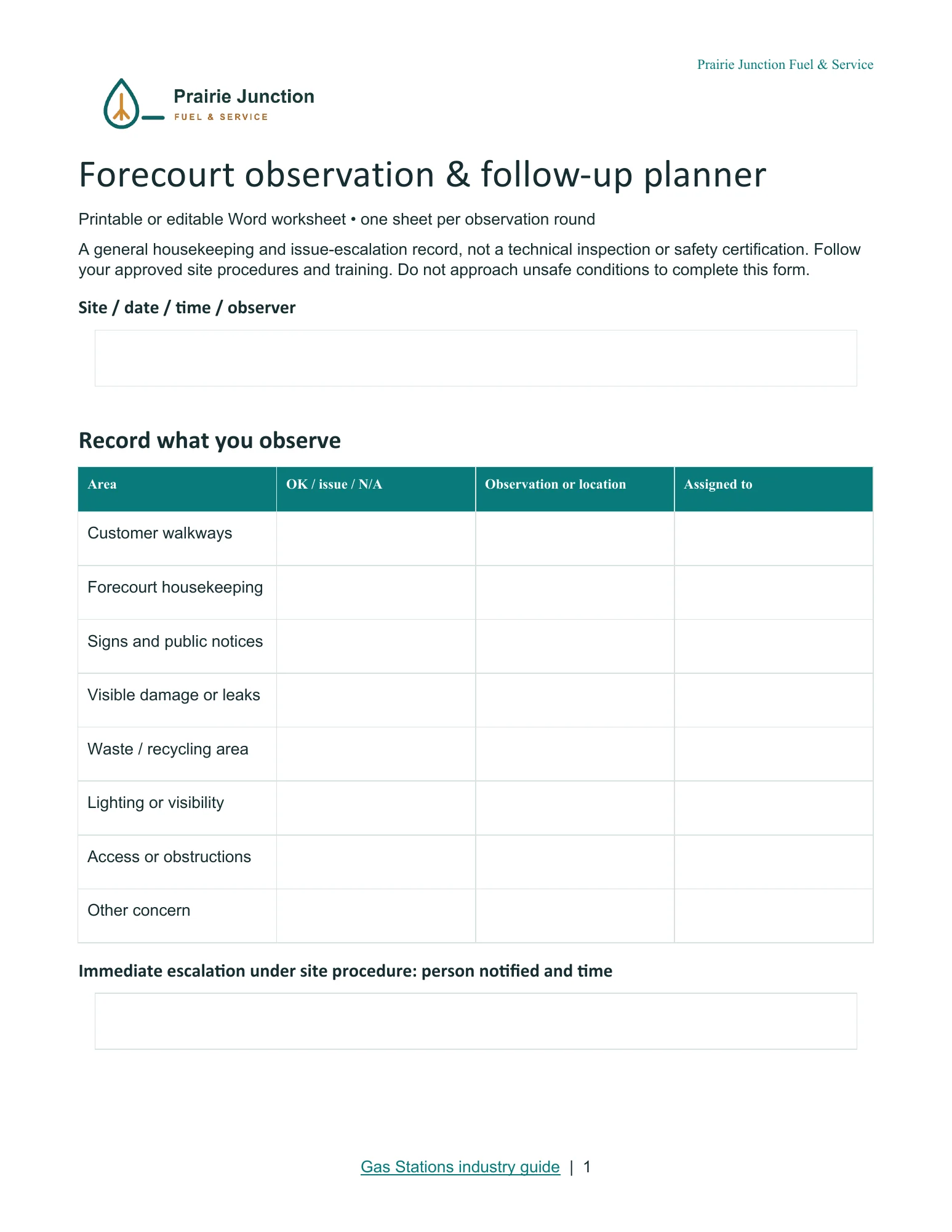 Forecourt observation and follow-up planner · Page 1
