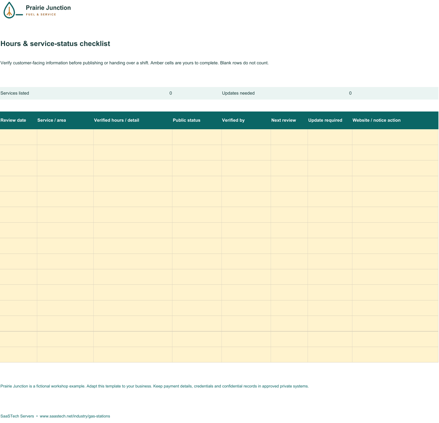Hours and service-status checklist