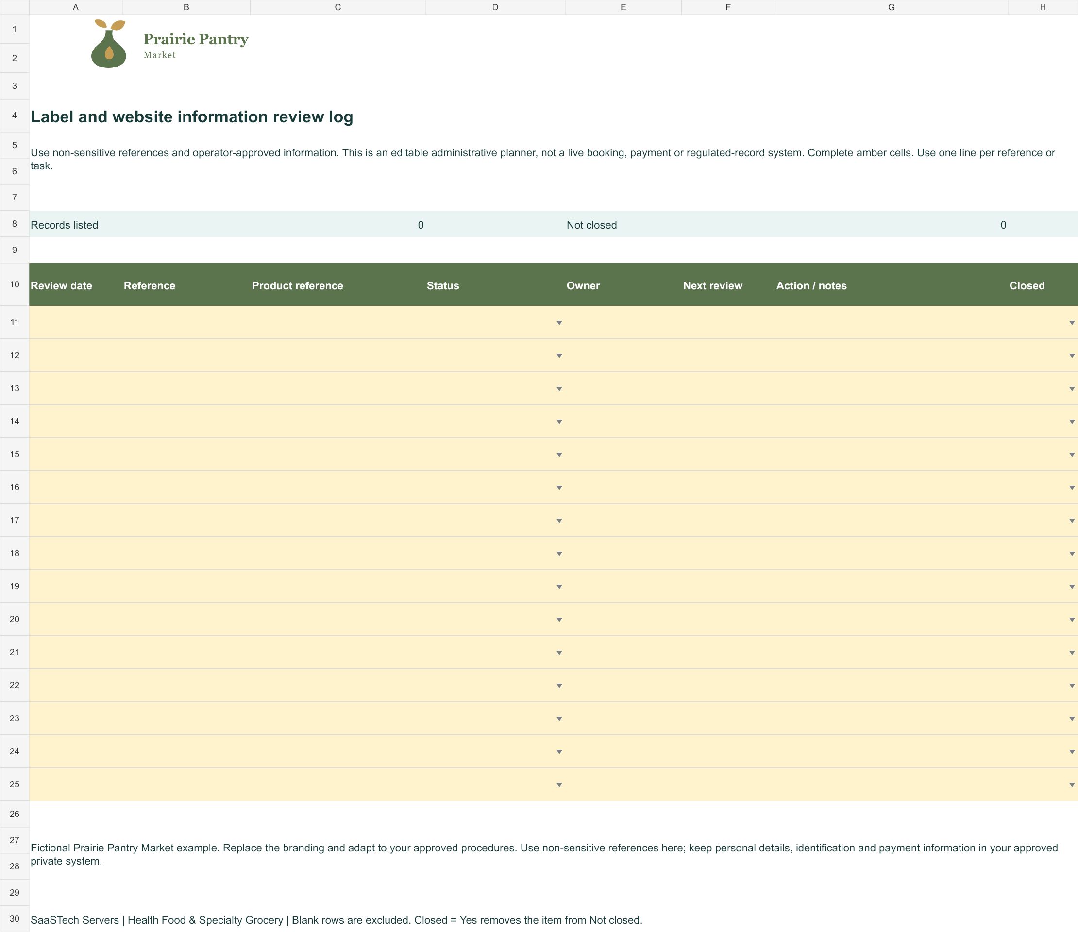 Label and website information review log