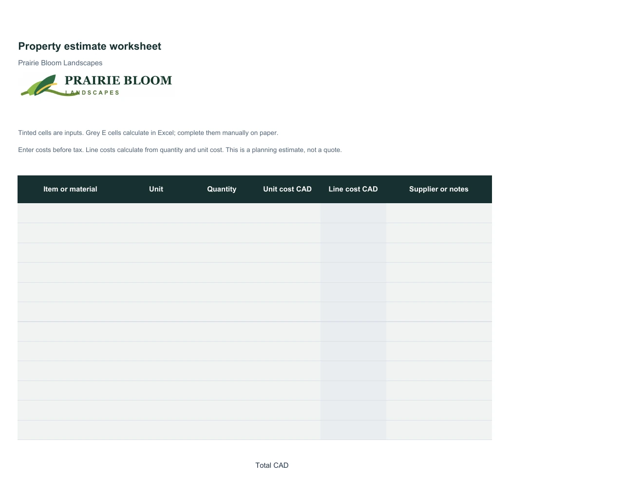 Property estimate worksheet