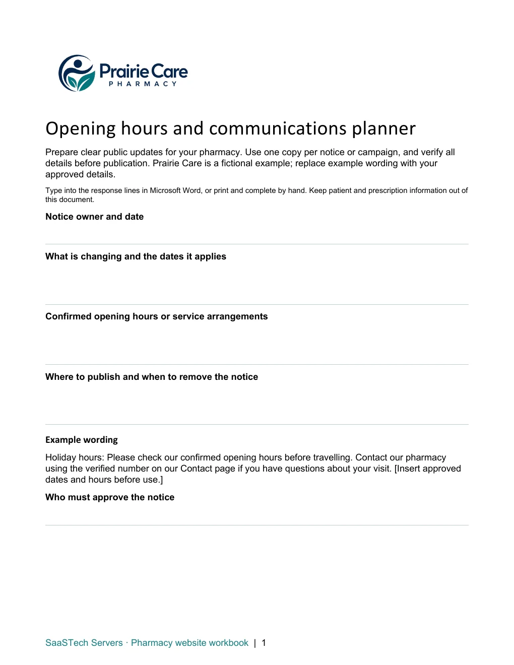 Opening hours and communications planner · Page 1