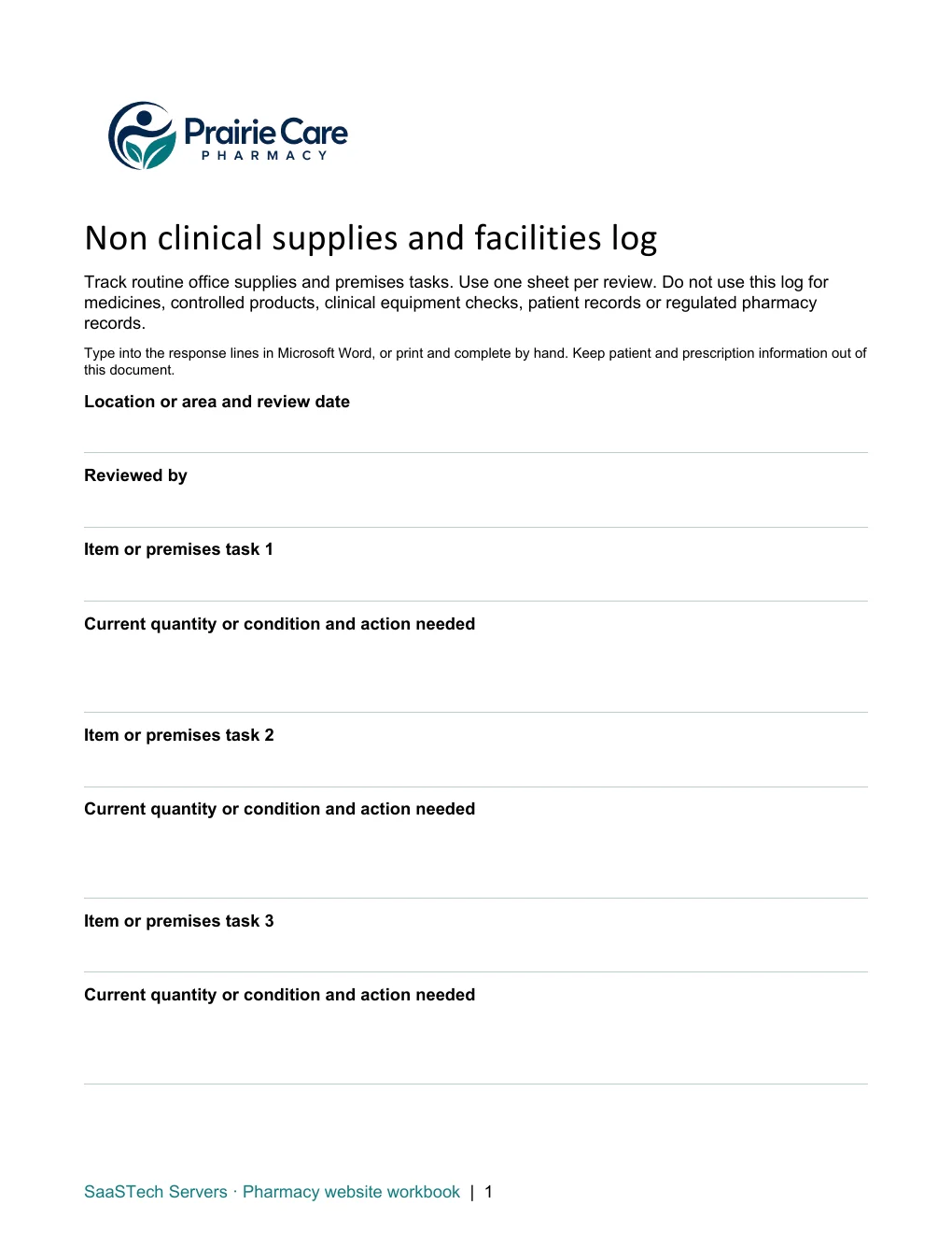 Non-clinical supplies and facilities log · Page 1