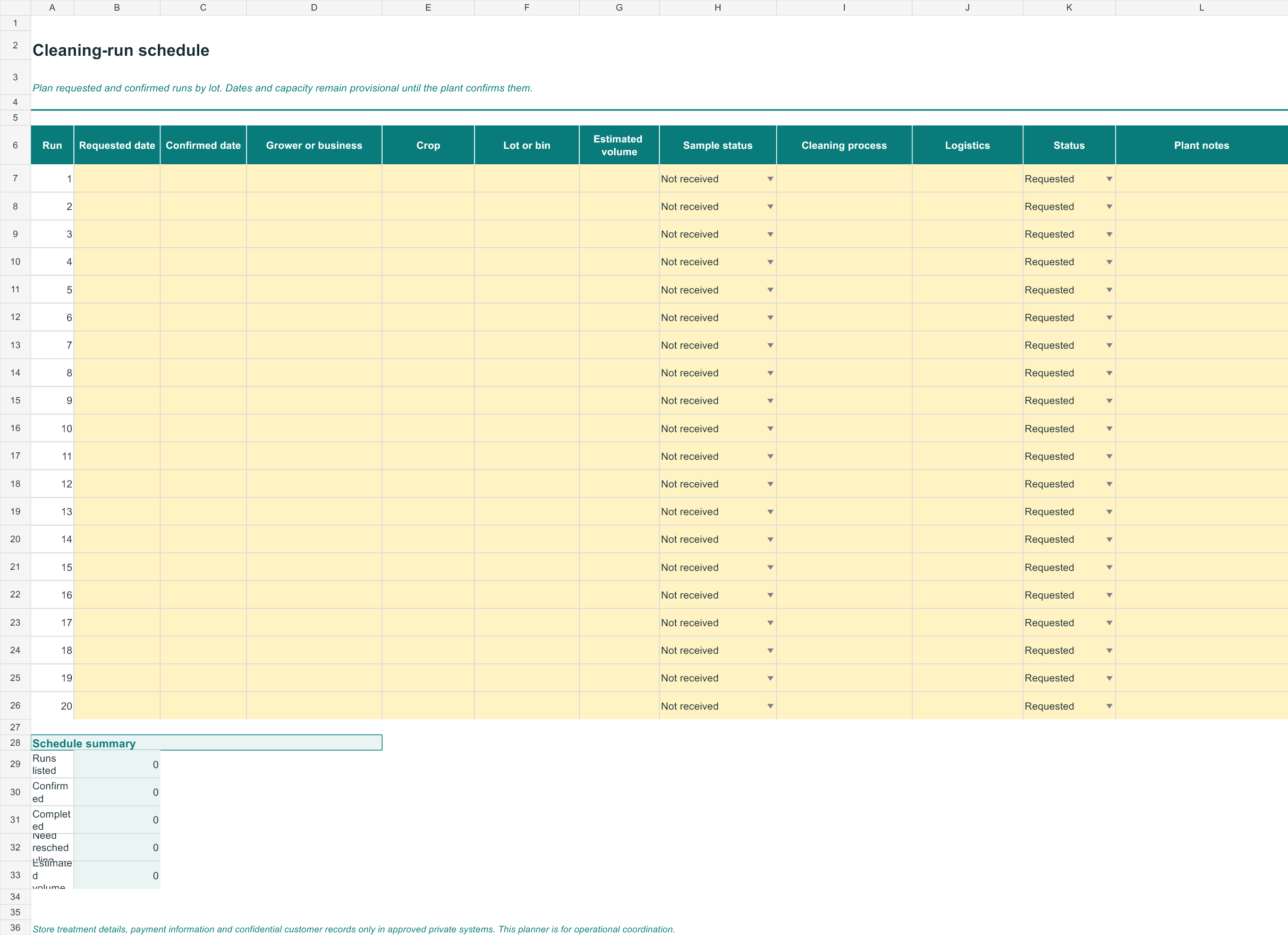 Cleaning-run schedule