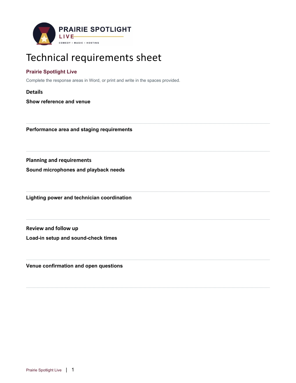 Technical requirements sheet