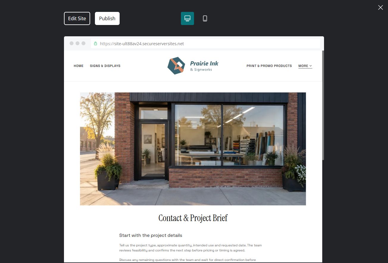 Captured first-screen Contact & Project Brief example