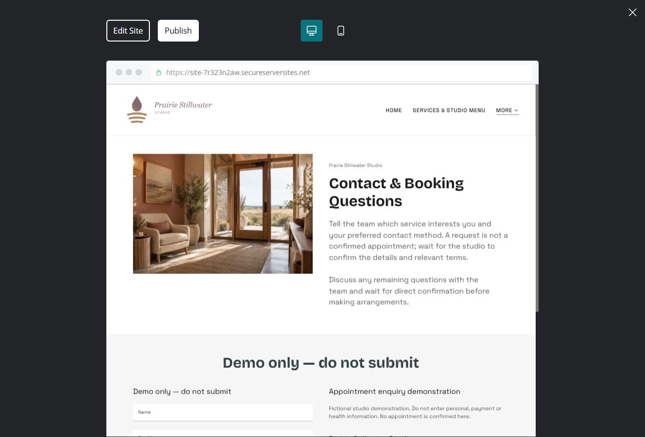 Captured first-screen Contact & Booking Questions example