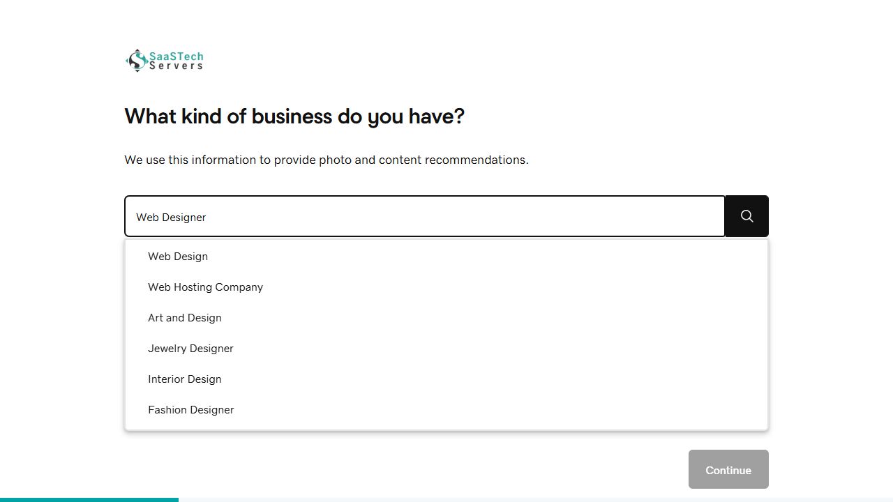 Website Builder setup showing Web Design category suggestions
