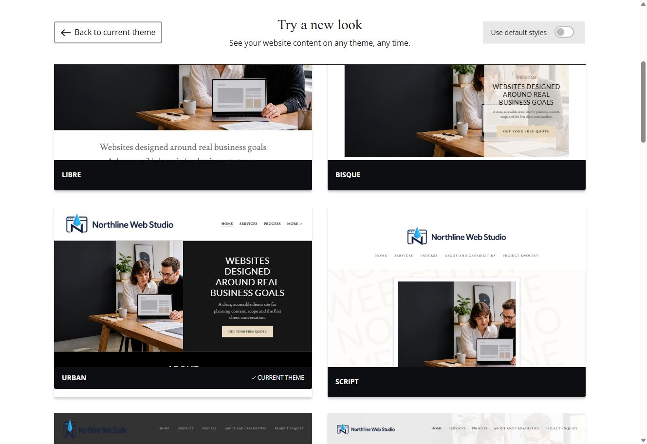 Libre, Bisque, Urban and Script Website Builder previews using Northline Web Studio's selected colour