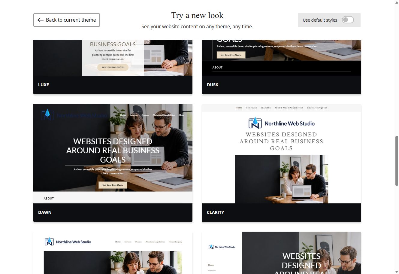 Luxe, Dusk, Dawn and Clarity Website Builder previews using Northline Web Studio's selected colour