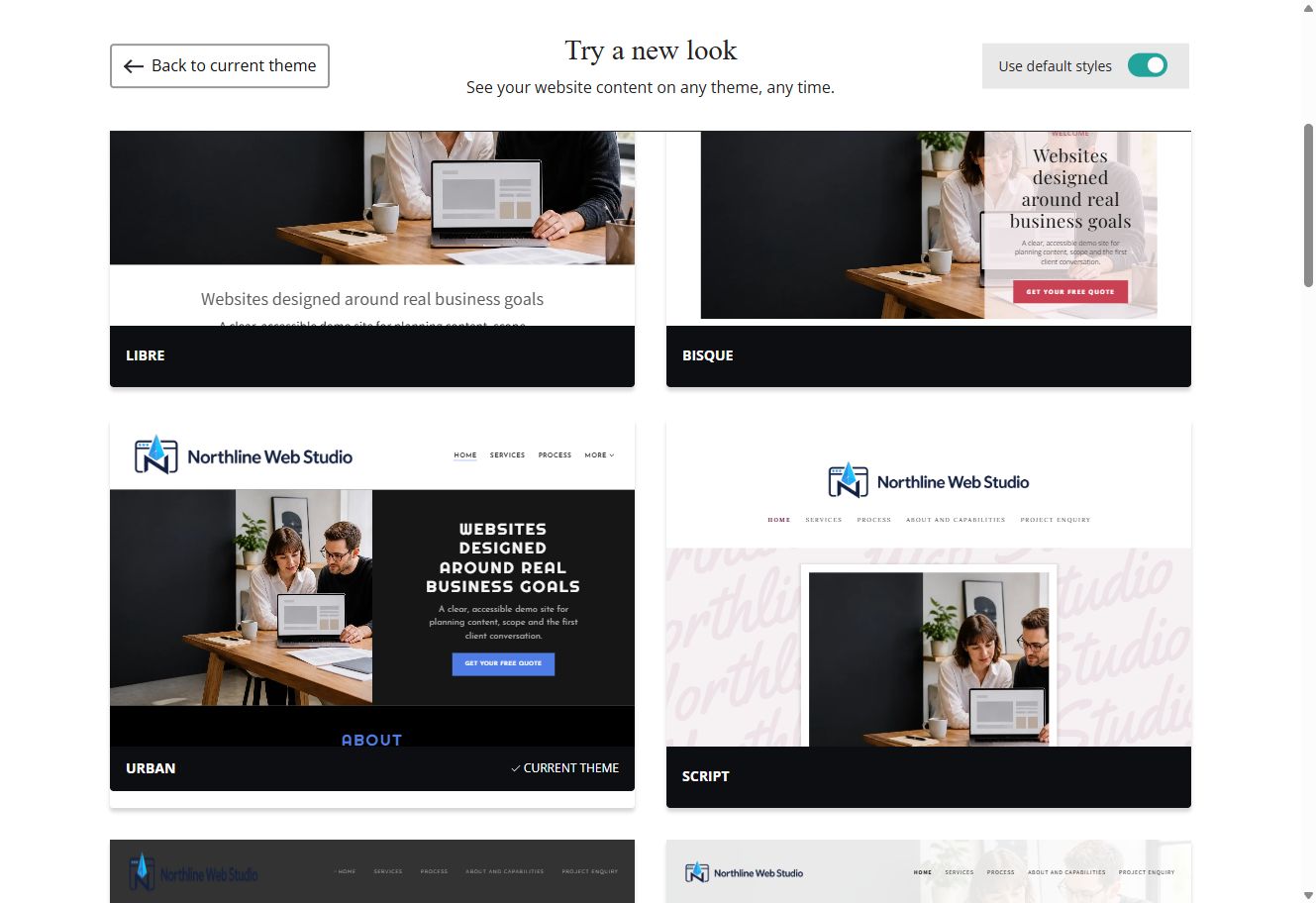 Libre, Bisque, Urban and Script Website Builder previews using each theme's default styles