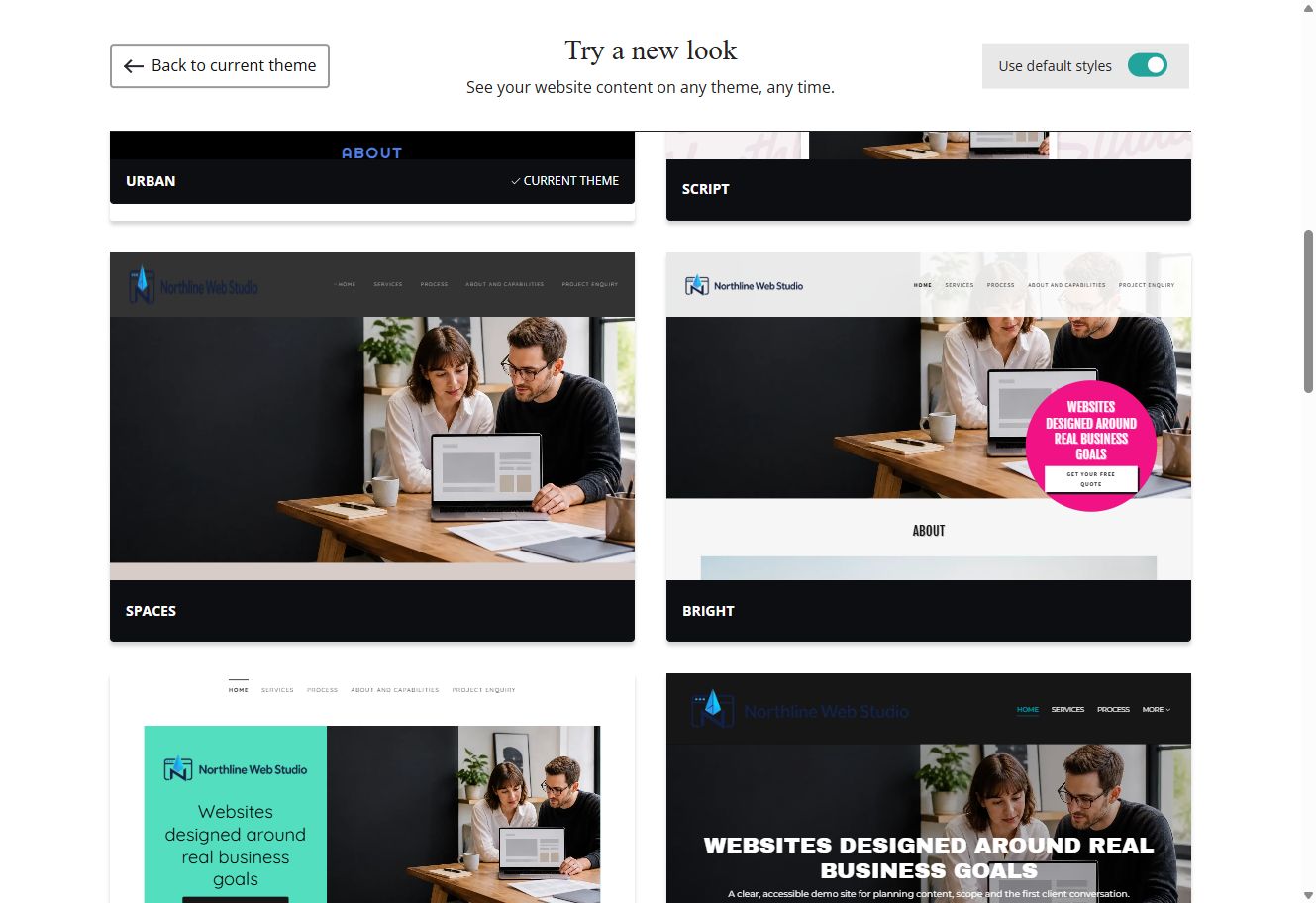 Spaces, Bright, Mint and Slate Website Builder previews using each theme's default styles