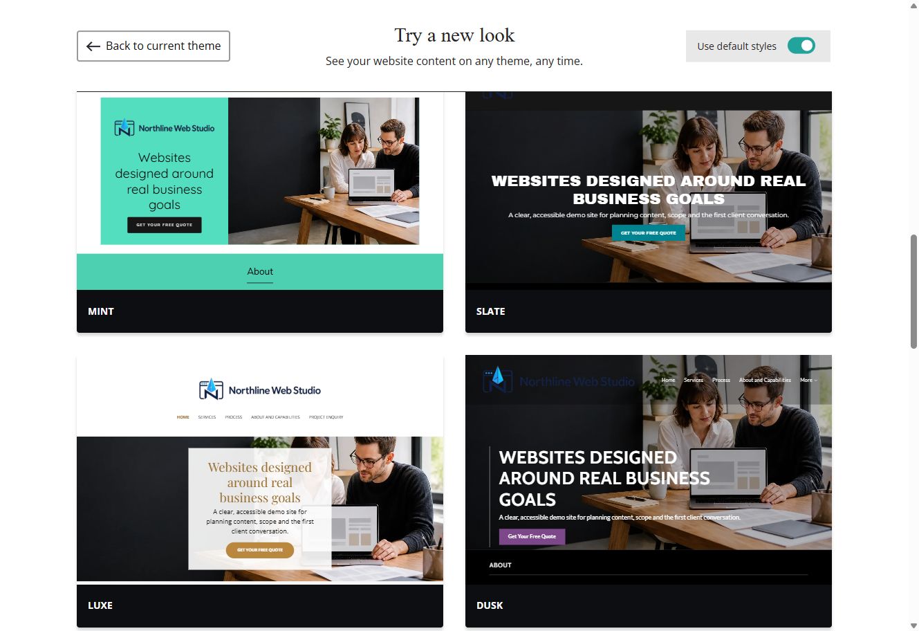 Mint, Slate, Luxe and Dusk Website Builder previews using each theme's default styles