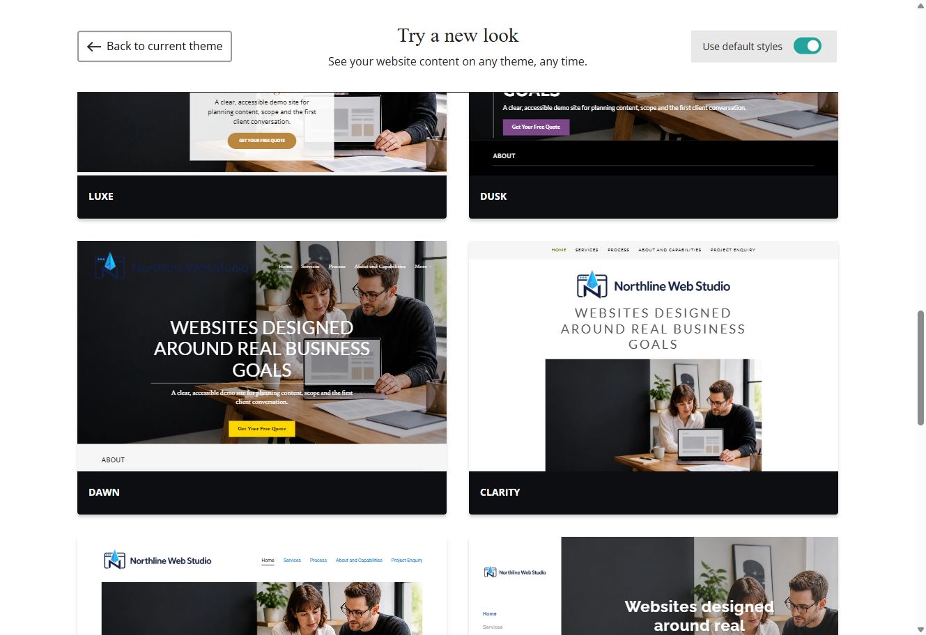 Luxe, Dusk, Dawn and Clarity Website Builder previews using each theme's default styles