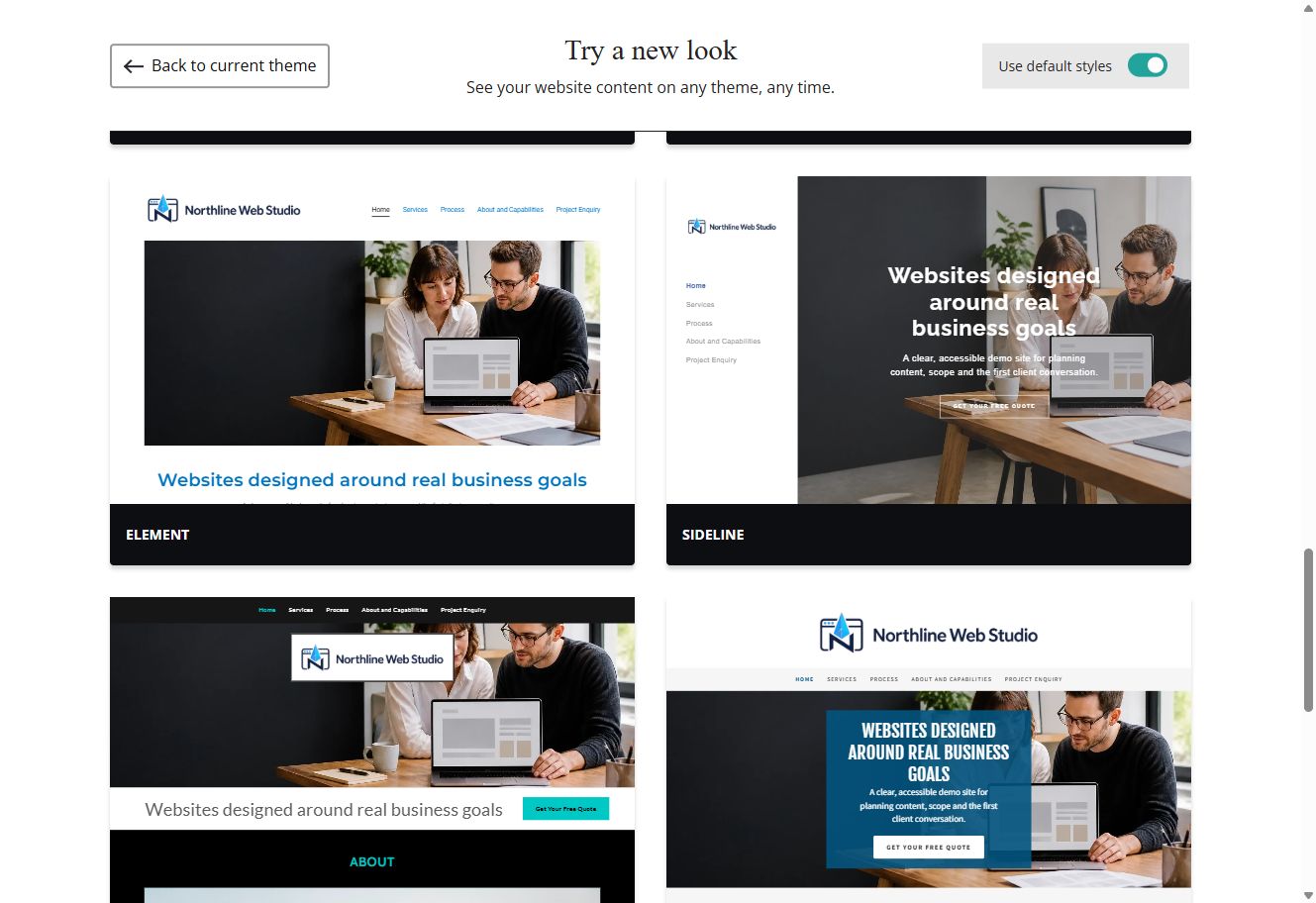 Element, Sideline, Retro and Trade Website Builder previews using each theme's default styles