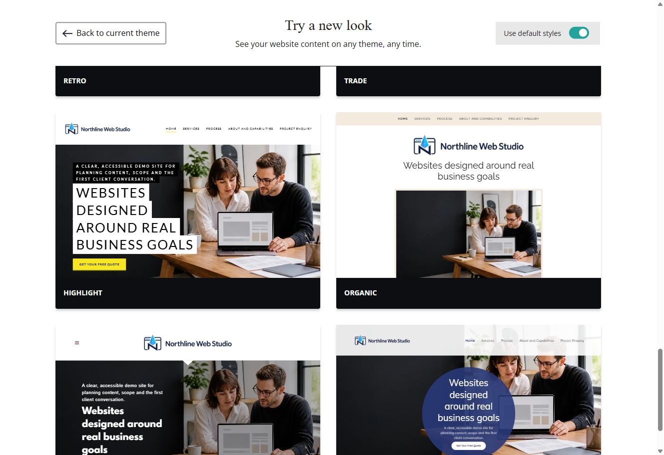 Highlight, Organic, Focus and Craft Website Builder previews using each theme's default styles