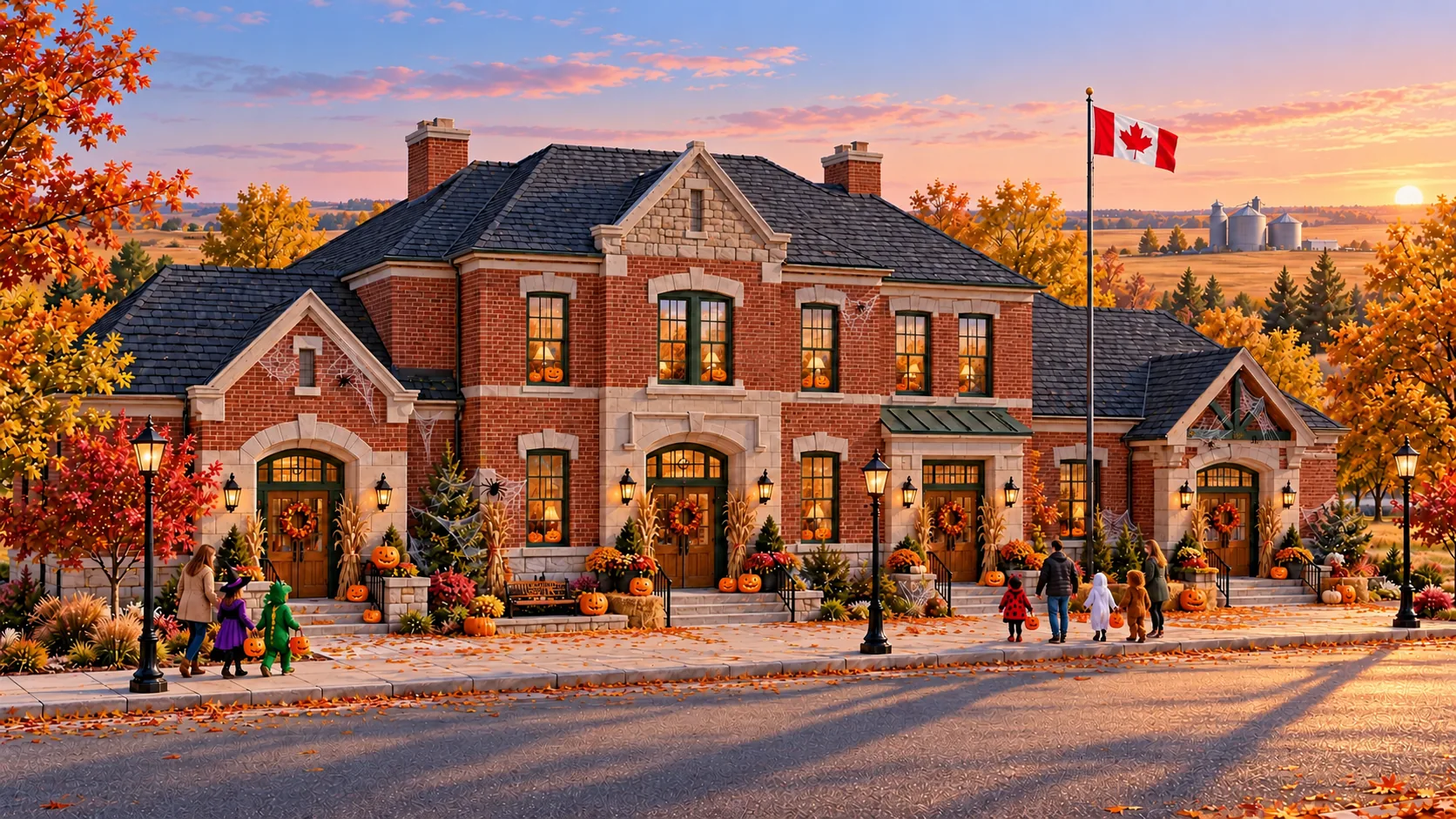 A fictional Canadian-style red-brick security office with limestone entrances, green trim and a Canadian flag.