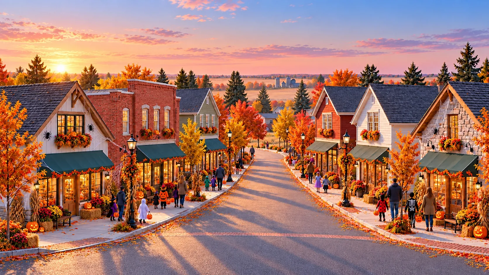 Website Village: six cottage-scale shops with pitched roofs, green awnings and a lane leading to prairie fields.